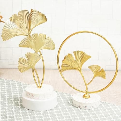 Tied Ribbons 2 Pcs Metal Leaf Showpiece For Table Top Decoration Centerpiece Bookshelf Desk Home Decor Living Room Bedroom Shelf Office Gifting Decorative Items - Golden