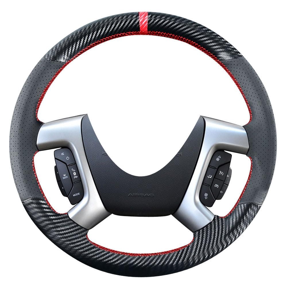 Kivnto DIY Stitching Carbon Fiber Steering Wheel Cover for Chevrolet Tahoe Suburban Avalanche Silverado Express Traverse Black 15 inches Leather Interior Accessories only for Rubber Steering Wheel