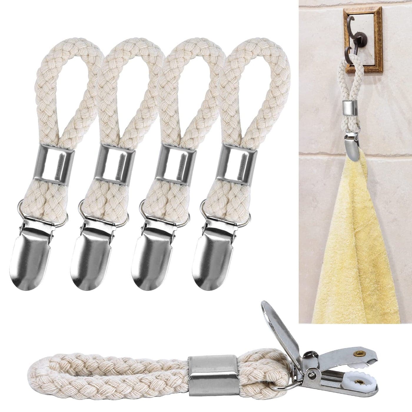 5 Pack Hanging Tea Towels ClipMetal Kitchen Towels Clips with Hanging Loop Cloth Hook Clip Hangers for Home Kitchen Bathroom Cupboards Cloth Hanger Holder BracketsBraided Cotton Loop