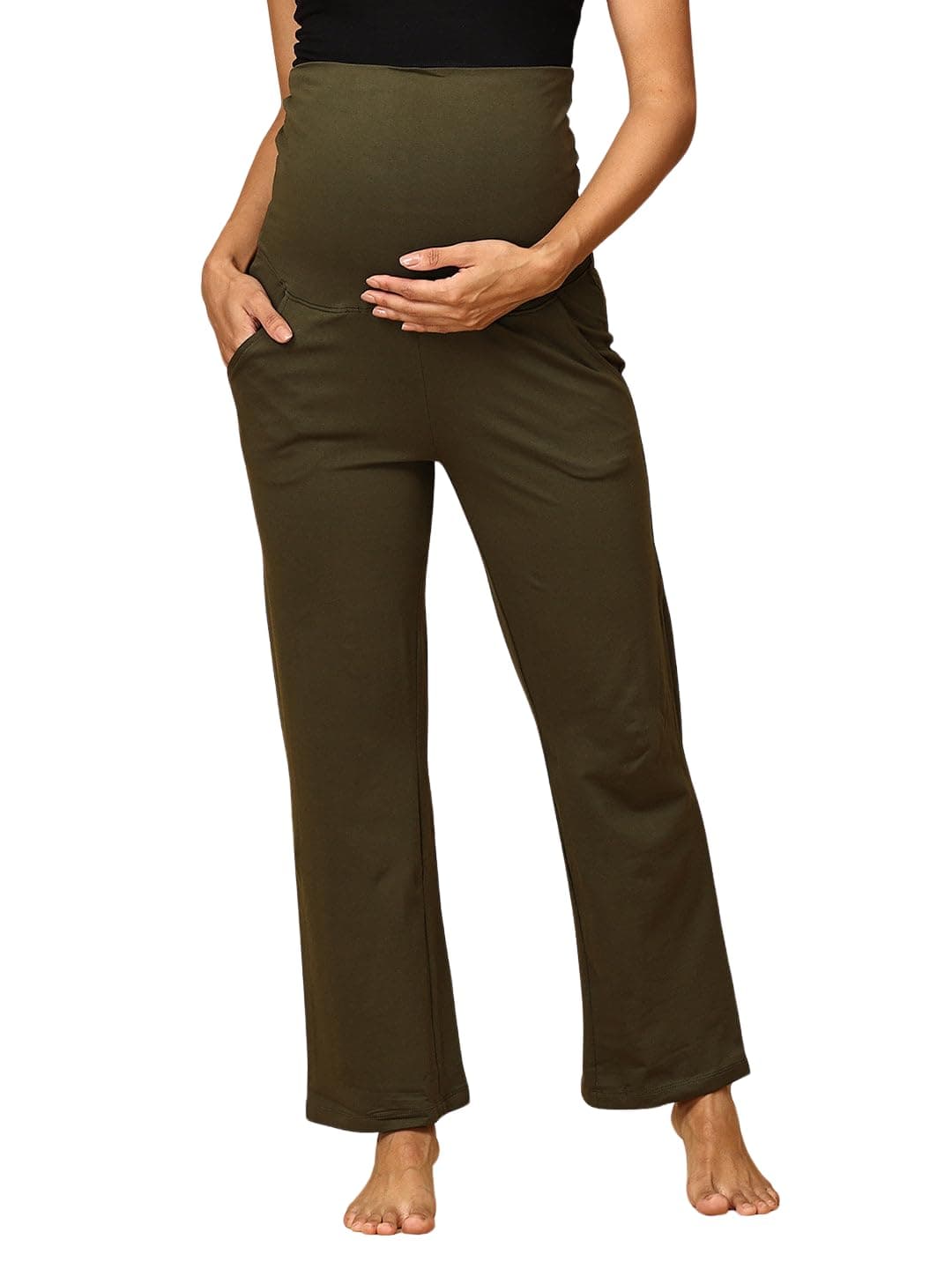 The Mom Store Maternity Track Pants for Pregnant Women with Ultimate Comfort | Prenatal Yoga Pants Maternity Trousers for Pregnancy (Olive, L)