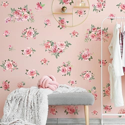 DRWSSR Pink Flowers & Green Leaves Wall Decals - Removable Peel & Stick Garden Floral Wall Stickers for Bedroom & Living Room
