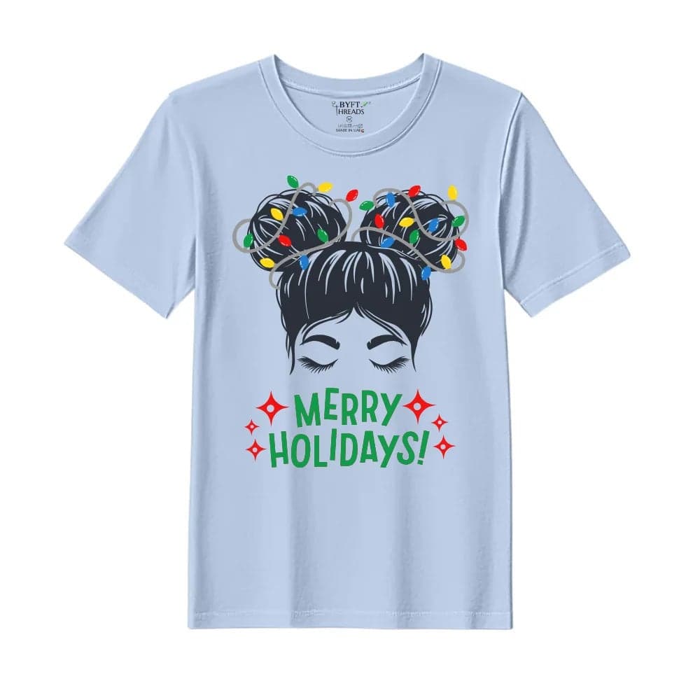 BYFT Threads XL Sky Blue Polycotton T-Shirt - Christmas "Merry Holidays" Printed Design, Premium Holiday Collection