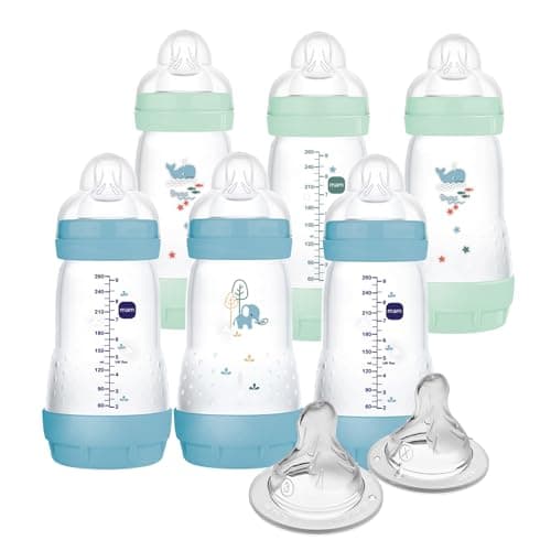 MAM 9oz Easy Start AntiColic Baby Bottles Medium Flow with 2X Bonus Nipples Fast and Extra Fast Flow Reduces Colic Gas Reflux EasytoClean BPAFree 2 Plus Months