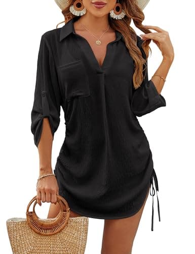 Blooming Jelly Womens Bathing Suit Cover Up Swimsuit Coverup Beach Dress Bikini Drawstring Swimwear Cover ups(Large, Black)