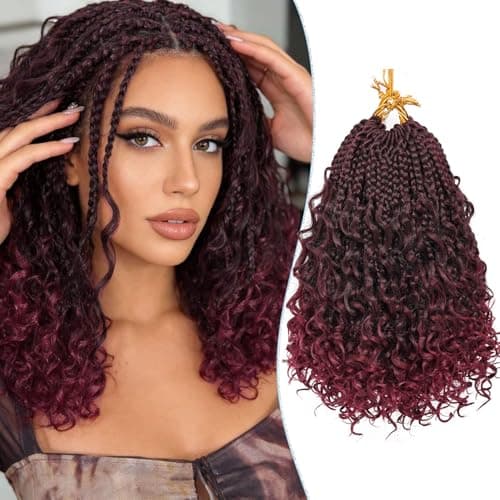 Boho Box Braids Crochet Hair for Women 10 Inch 7 Packs Ombre Goddess Box Braids with Curly Ends 3X Short Bob Crochet Braids for Kids Burgundy Synthetic Bohemian Braiding Hair Extensions TBUG