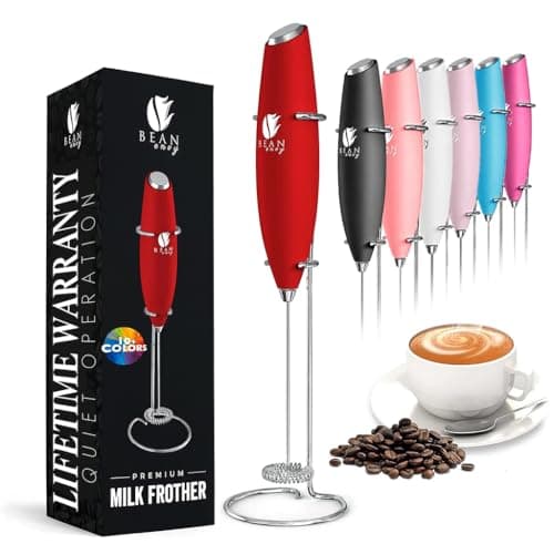 Bean Envy Milk Frother Handheld for Coffee - Electric Hand Blender, Mini Drink Mixer Whisk & Coffee Foamer Wand with Stand for Lattes, Cappuccino, Matcha and Hot Chocolate - Kitchen Gifts - Red