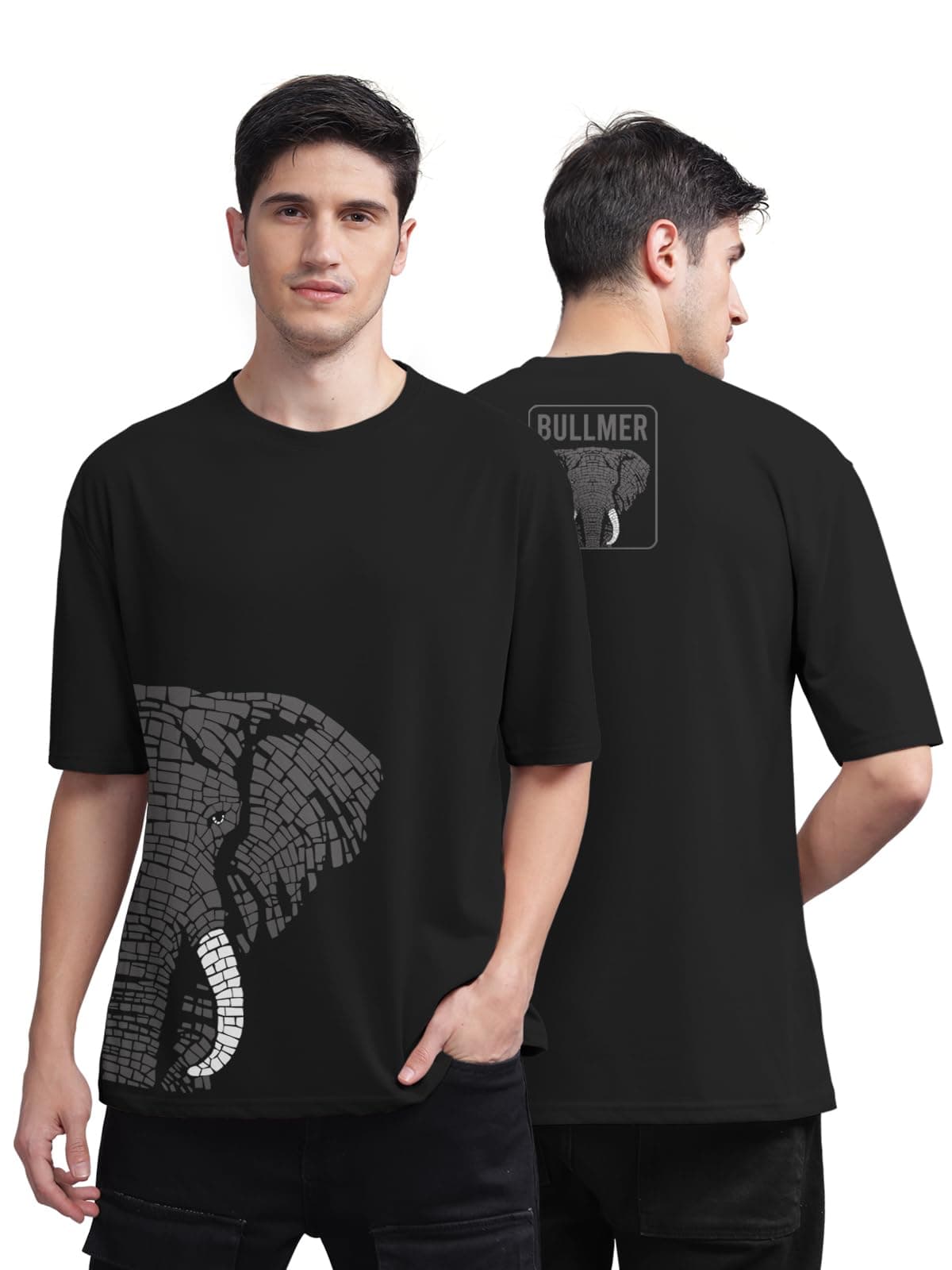 BULLMER Trendy Front and Back Printed Oversized Round Neck T-Shirt for Men - Black/Medium