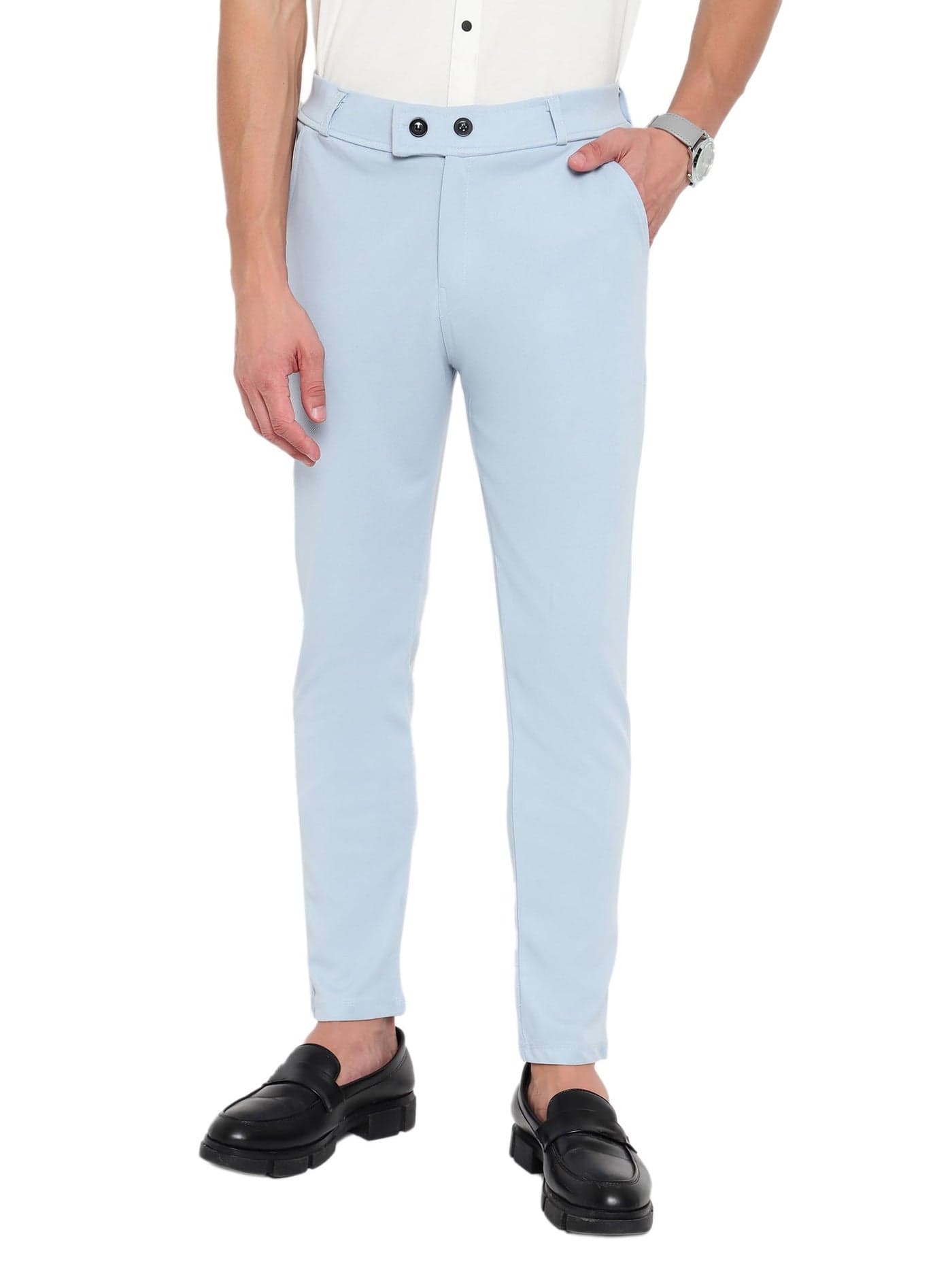 AVANOVA Sky Blue Men's Trouser II Formal Stretchable Knit Super Slim Fit II Comfort Lycra II Mid Rise Slim Fit Casual Premium Flat Front Trousers for Men(Trousers-121-Sky Blue-34)