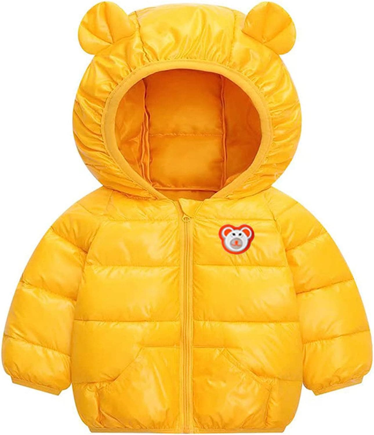 Bold N Elegant Wool Blend Cartoon Bear Kids Shiny Sparkling Quilted Winter Warm Hood Jacket Coat Bomber Standard Length Puffer Jacket For Boys Girls Kids (4-5 Years, Yellow)
