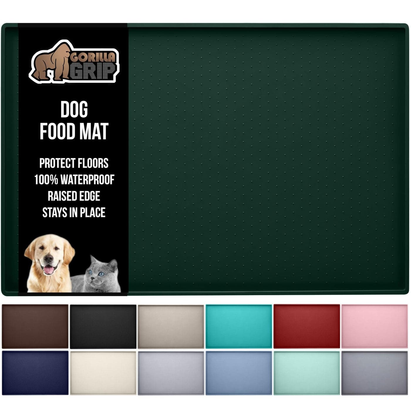 GORILLA GRIP 100 Waterproof Raised Edge BPA Free Silicone Pet Feeding Mat Dog Cat Food Mats Contain Spills Protects Floors Placemats for Cats and Dogs Water Bowl Pets Accessories 185x115 Green
