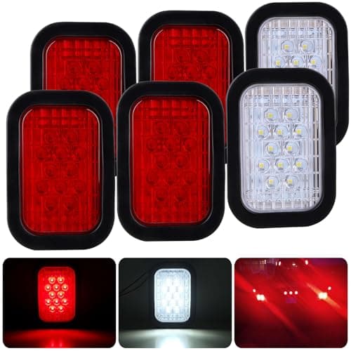 Konrali 6Pcs 5x3 Led Tail Lights, 4 Red + 2 White 3x5 Rectangle Led Lights 12 LED Stop/Turn/Tail Backup/Reverse Tow Truck Semi Trailer CM Flatbed Hitch Mounted RV Bus Grommet 3 Wire Pigtails Kit 12V