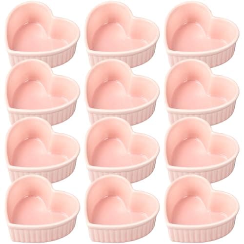 ywmigl 12 Pcs Heart Shaped Ceramic Ramekins Small Dessert Bowls 6 oz Oven Safe Ceramic Dish Dip Bowl Seasoning for Valentine's Day Serving Sauce Snack Baking Brulee Pudding (Pink)