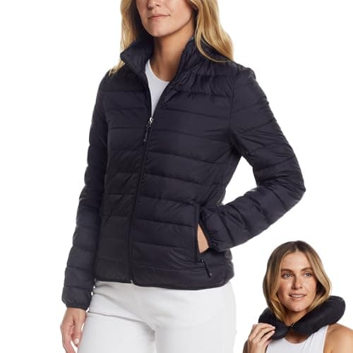 Weatherproof Women's Packable Puffer Jacket with Travel Neck Pillow - Lightweight, Warm, Water-Resistant Down Jacket (Small) Black | Quilted, Packable Travel Jacket with Long Zipper