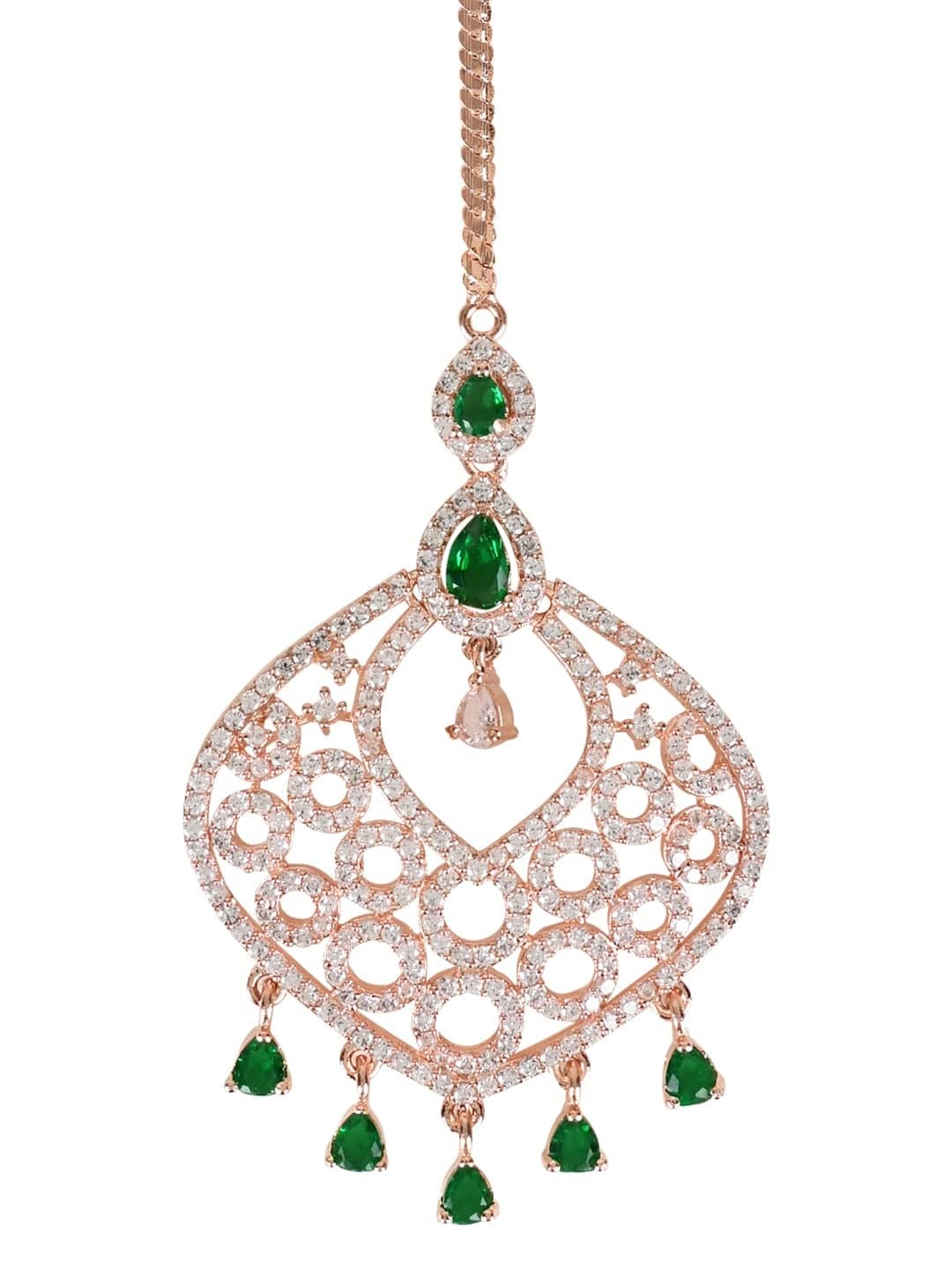 I Jewels Rose Gold Plated Elegant Green Beautiful AD & CZ Studded Crystal Maang Tikka for Women and Girls (T2110G)
