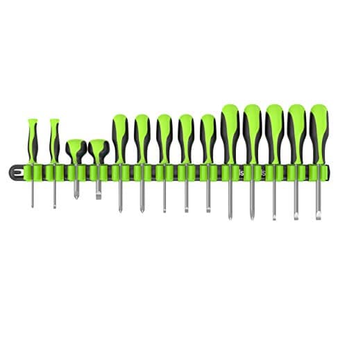 Olsa Tools Premium Wall-Mount Screwdriver Organizer - Black Nylon with Neon Green Clips - Holds 14 Screwdrivers - Part: 1031