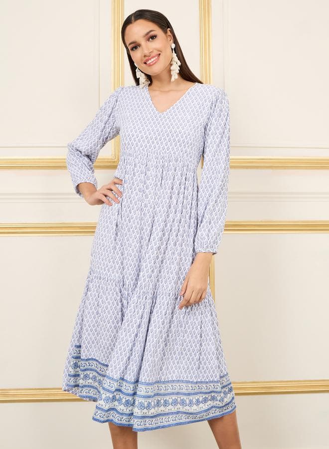 Styli All Over Print Tiered Midi Shift Dress — M