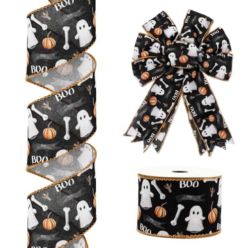 JarThenaAMCS Halloween Wired Edge Ribbon Ghost Pumpkin Boo Black Orange White Fabric Craft Ribbon for Wreath Bow Making DIY Gift Wrapping 12 Yards
