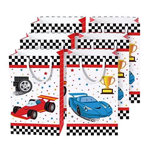 WERNNSAI Party Gift Bags 16PCS Racing Car Birthday Party Supplies Goodie Candy Gifts Bags Party Treats Racing Car Storage Paper Bag with Handles for Boys Birthday Baby Shower Red