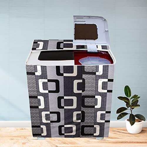 E-Retailer® Polyester Semi Automatic Washing Machine Cover With Zip Enclosure Suitable For 5kg to 8kg (Color-Geometric Black, Size-33x22x37 Inches)