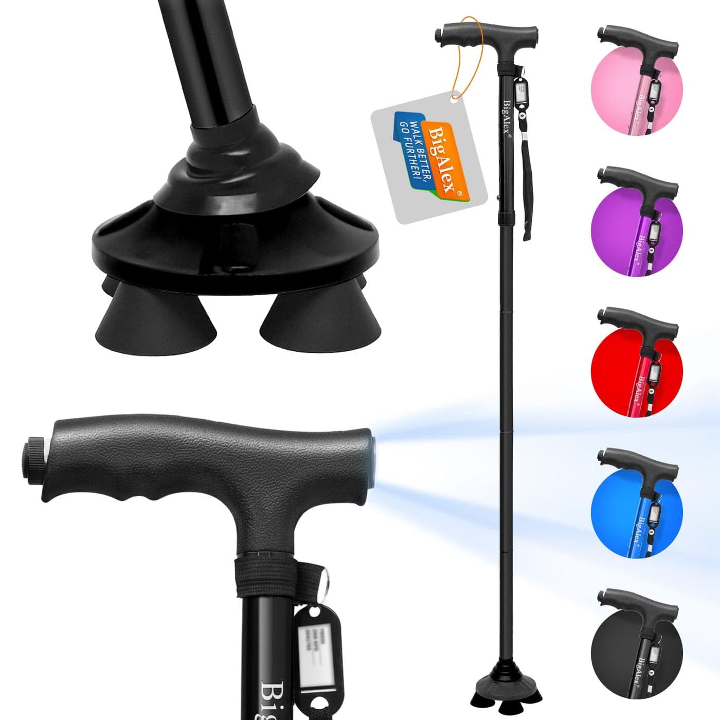 BigAlex Folding Walking Cane with LED LightPivoting Quad BaseAdjustable Walking Stick with Carrying Bag for MenWomen