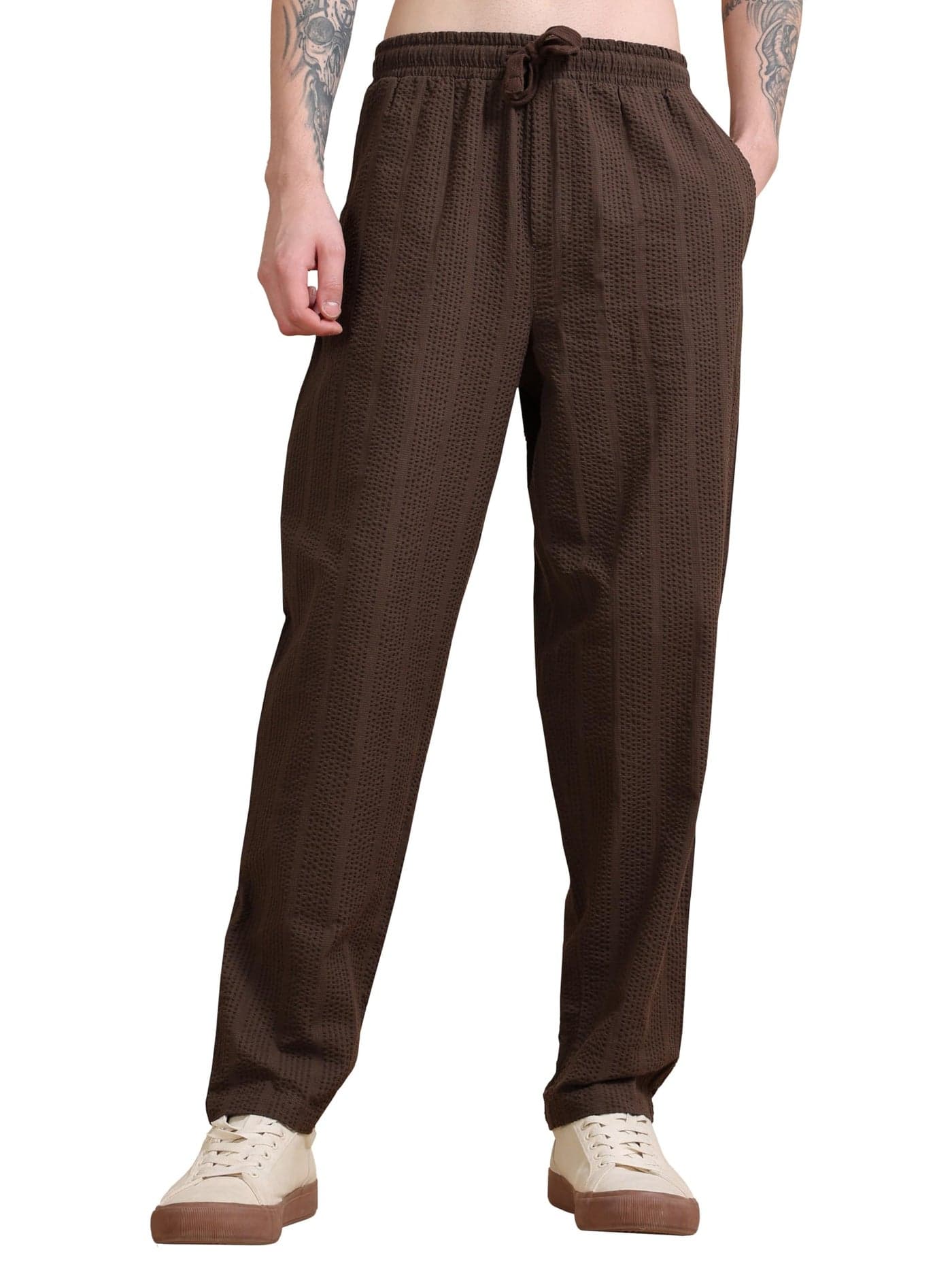 StitchX Men’s Airport Look Textured Seersucker Cotton Jogger Trousers Pecan Brown L