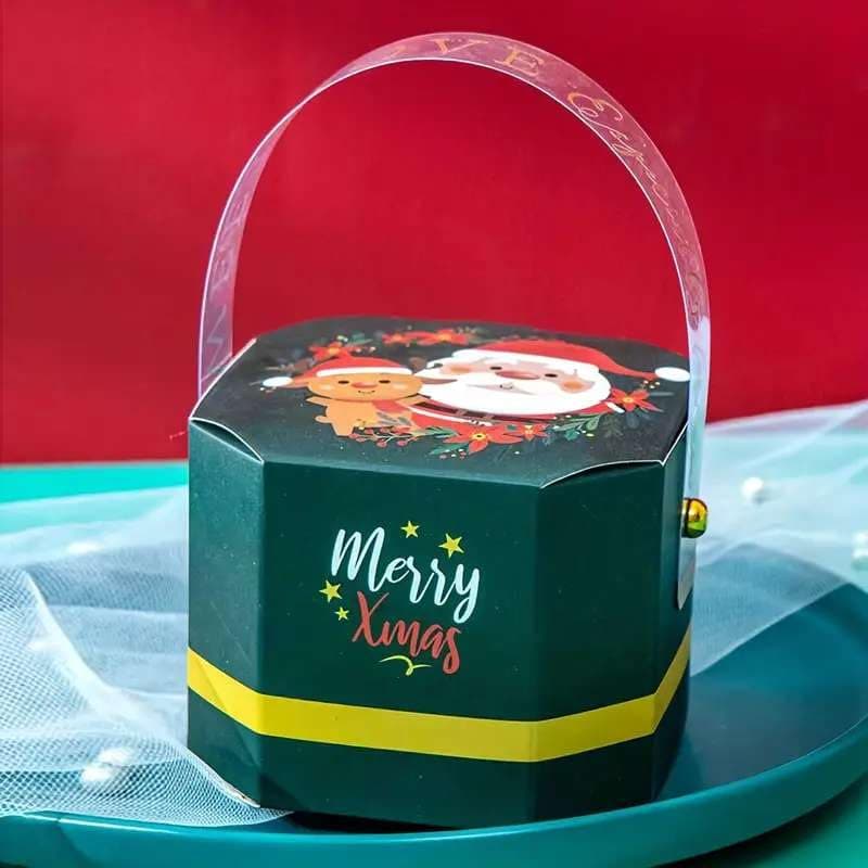 CAKE DECOR Christmas Theme Octagon Shape Box With Transparent Handle for Gift Candy Cookies Sweet Treats Green 10 Pcs Pack