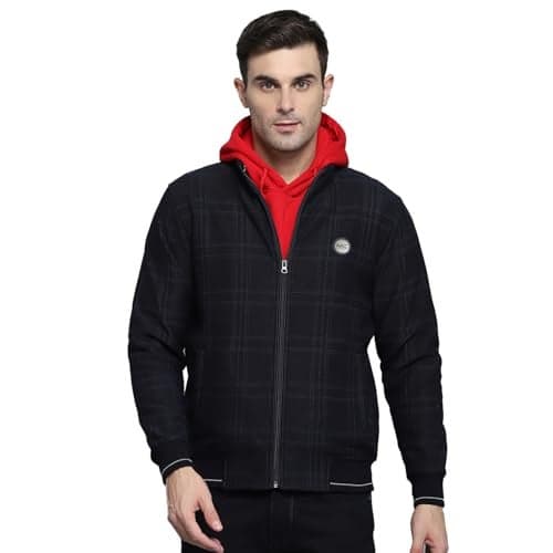 Monte Carlo Mens Check Navy Blue Mock Neck Full Sleeves Jacket