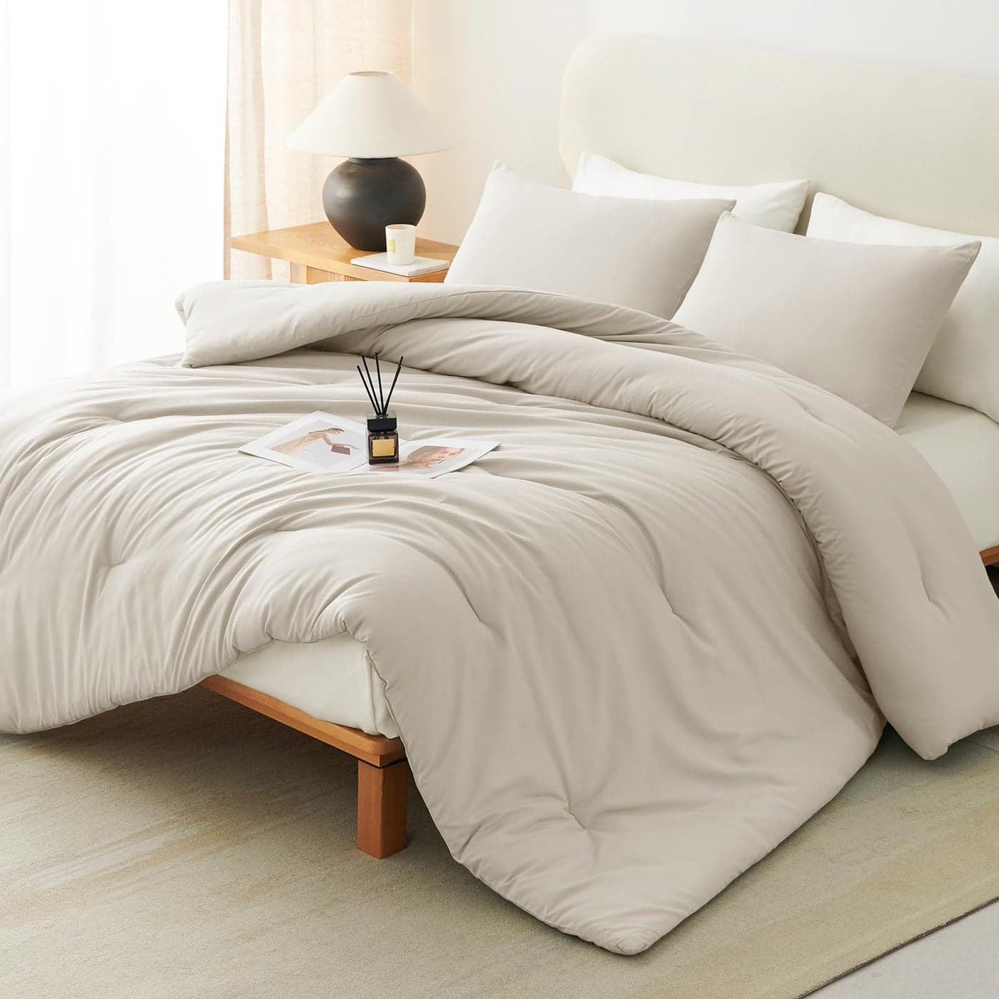 CozyLux Beige King Size Comforter Set 3 Pieces Solid Breathable Quilted Style Bedding Sets Luxury Fluffy Soft Bed Set with Down Alternative Comforter for All Season 1 Comforter 2 Pillowcases