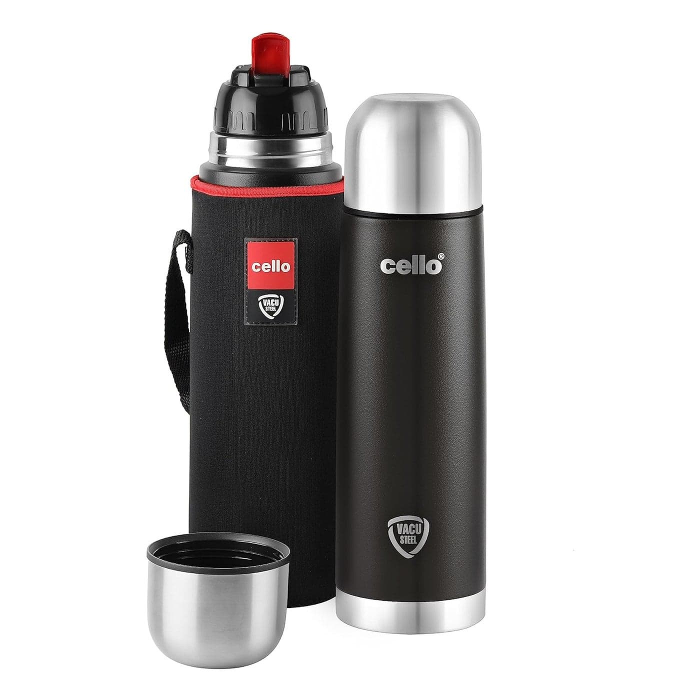 Cello Duro Tuff Steel Series- Flip Double Walled Stainless Steel Water Bottle with Durable DTP Coating and Thermal Jacket | Vacuum Insulated Bottle for Travel, Home, Office, School | 750ml, Black