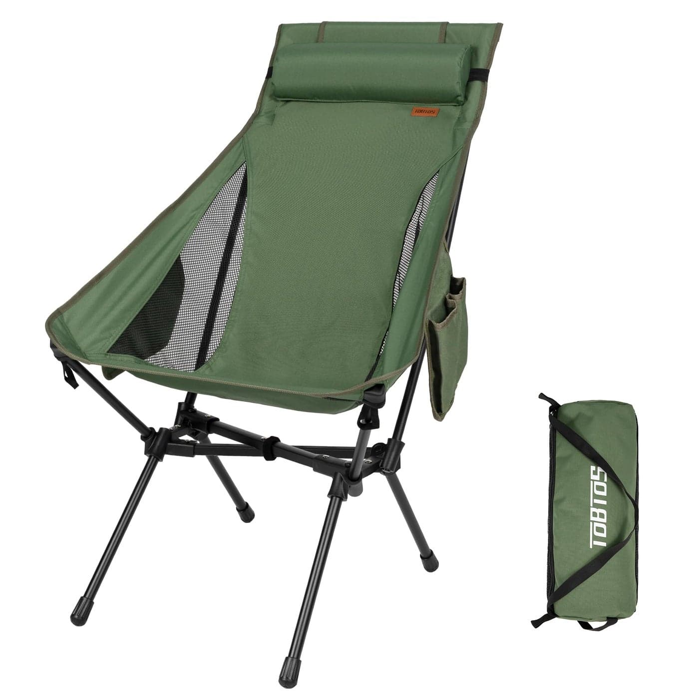 TOBTOS Portable High Back Camping Chair Support Heavy Duty 440 lbs Compact Folding Chair with Detachable Pillow for Camp Hiking Backpacking Green