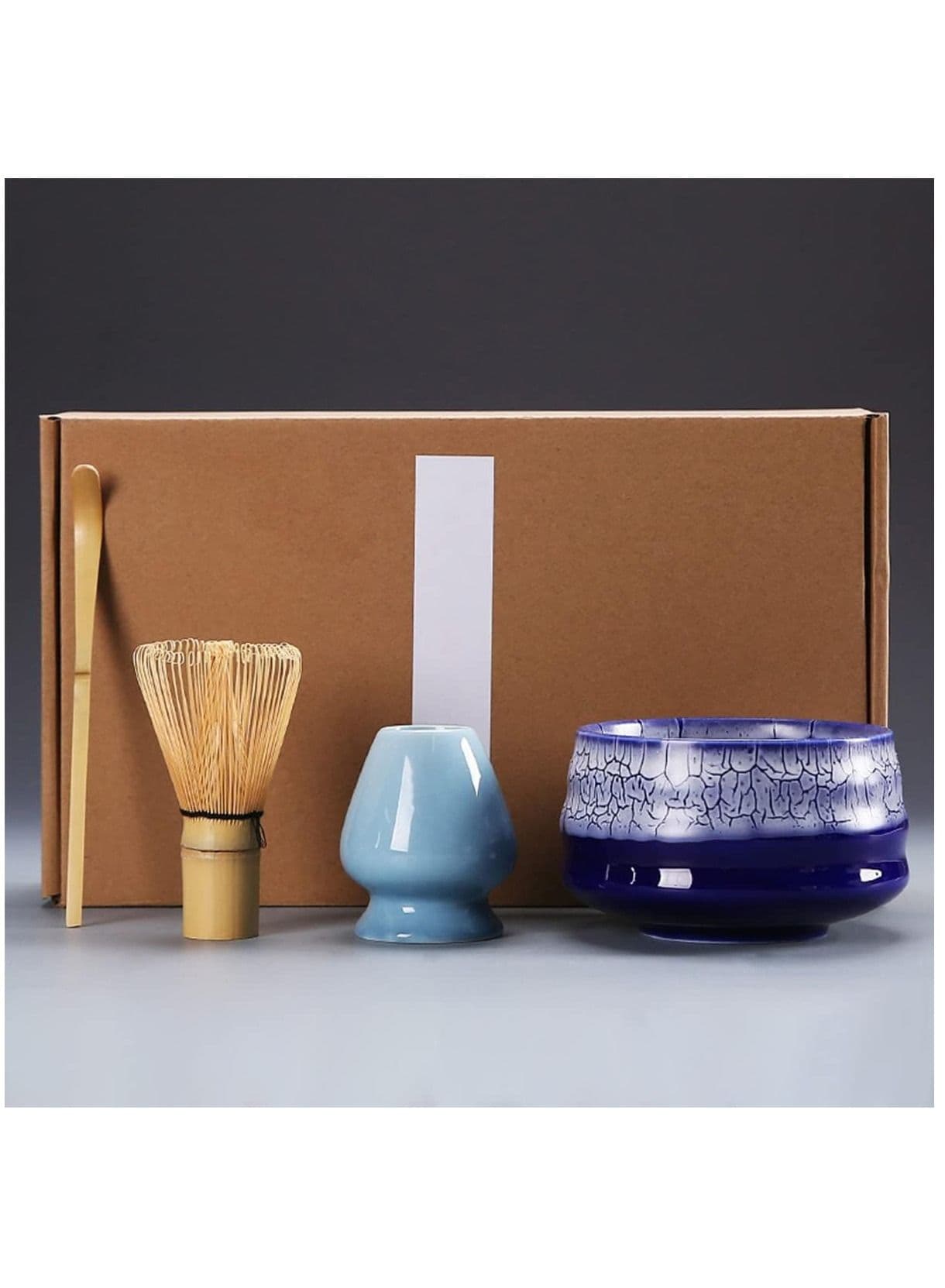 4 Piece Matcha Set, Whisk Set with Ceramic Bowl, Traditional Scoop, Prong Bamboo and Holder (Blue)