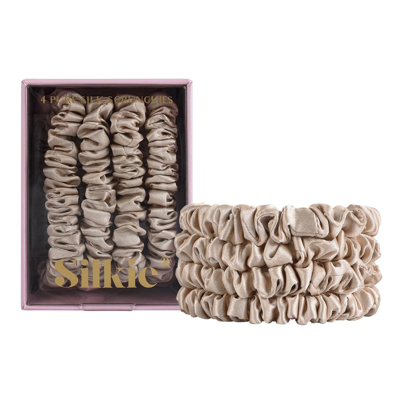 SILKIE x4 Set 100 Pure Mulberry Silk Black Brown Chocolate Pink Nude Neutral Skinny Scrunchies Travel Pouch Everyday Hair Ties Elastics Hair Care Ponytail Holder No Damage Champagne