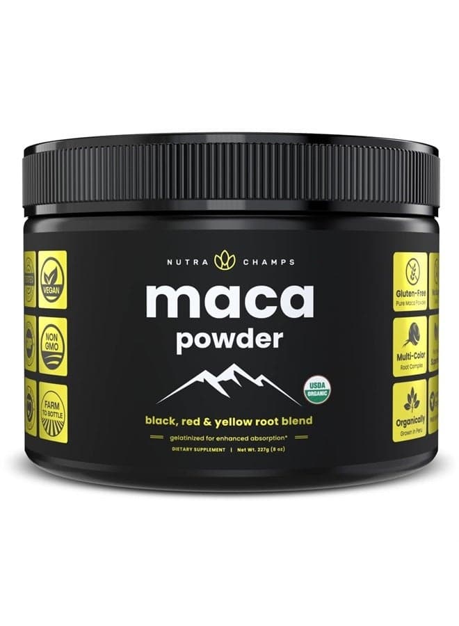 Organic Maca Powder - Peruvian Grown Maca Blend with Yellow, Black & Red Roots - Gelatinized for Superior Bioavailability - Natural, Vegan & Non-GMO, 8oz