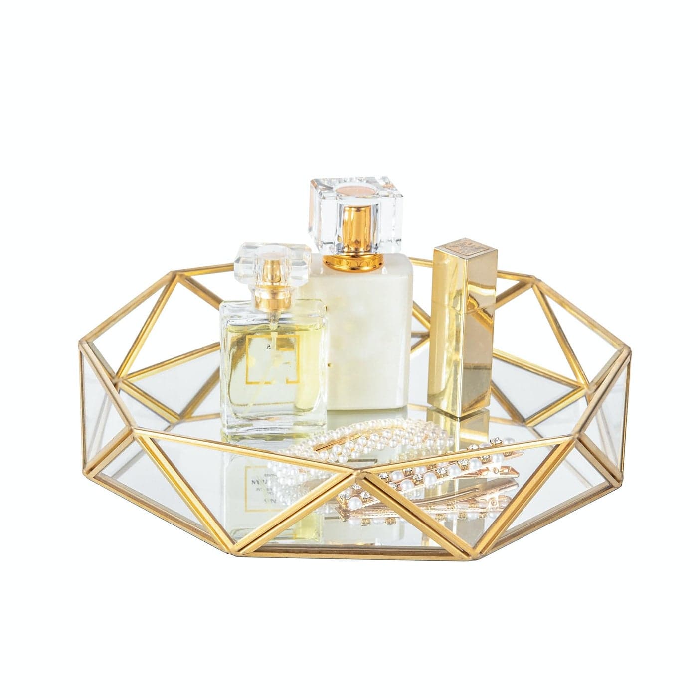 Feyarl Gold Glass Perfume Tray Mirror Vanity Jewelry Trinket Organizer Tray Ornate Cosmetic Makeup Display Decorative Coffee Table Tray for Wedding Home Decor Dresser Tabletop Countertop 95inch