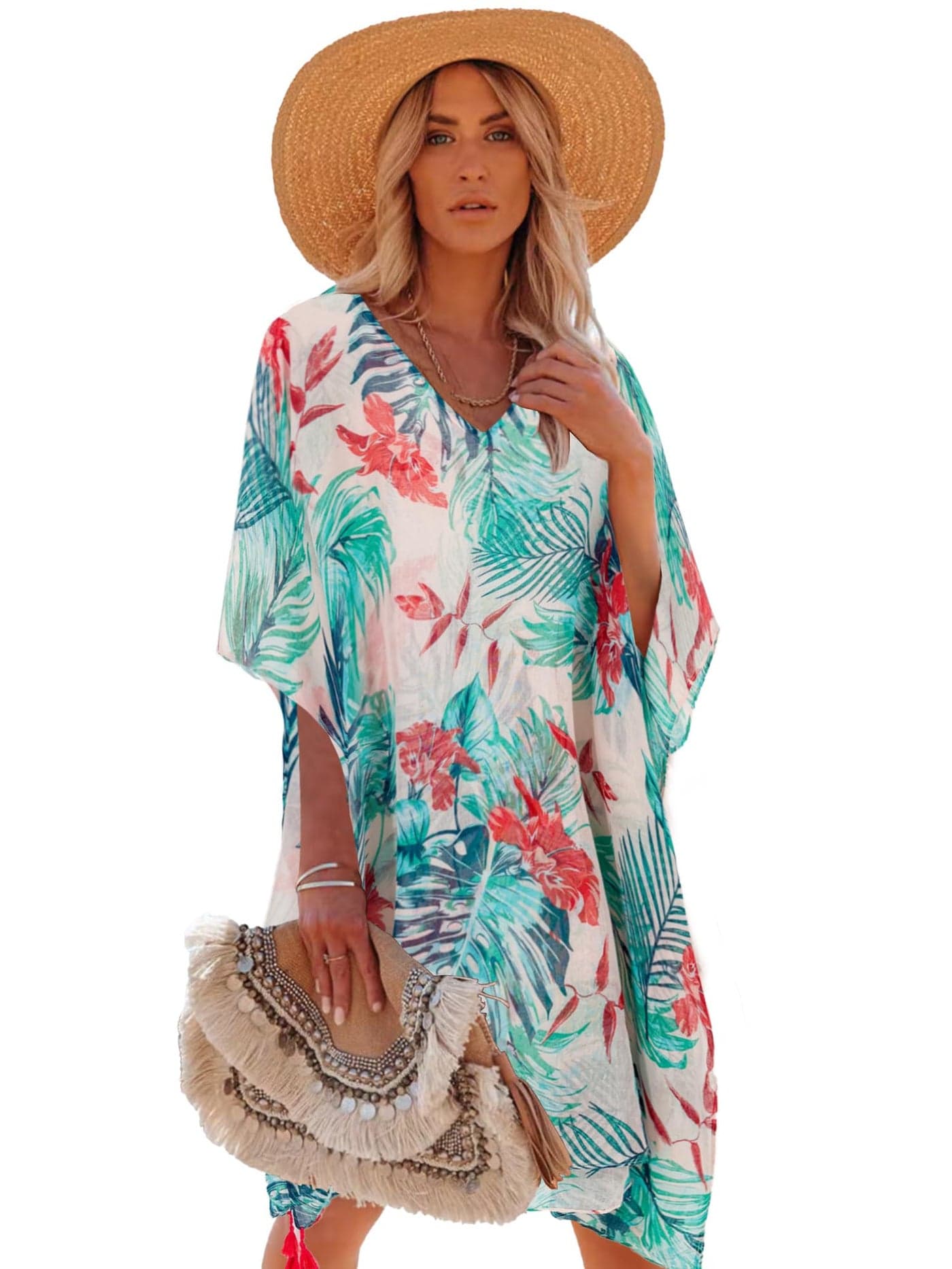 Moss Rose Women's Beach Cover up Swimsuit Kimono Cardigan with Bohemian Floral Print