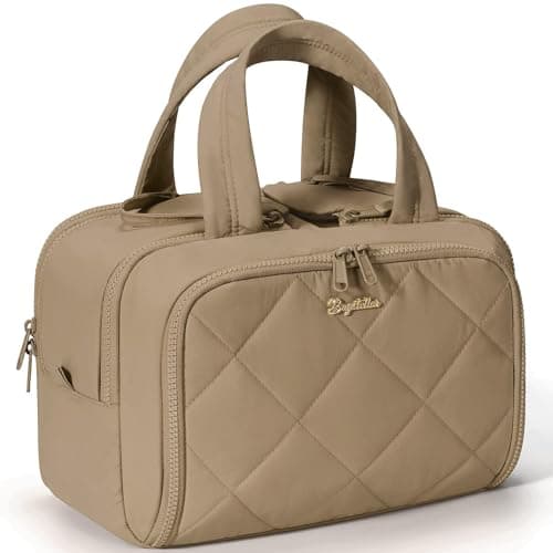 Travel Toiletry Bag, Large Wide-open Puffy Toiletry Bag for Women, Lightweight Quilted Makeup Bag Cosmetic Organizer with Handle Water-resistant Travel Essentials for Toiletries Accessories Khaki