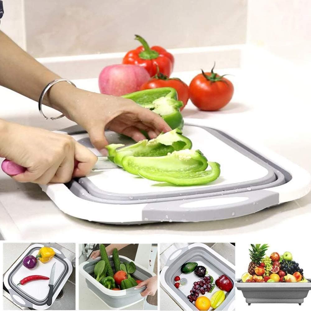 GION Collapsible Cutting Board with Draining Plug Washing and Draining Veggies Fruits Food Grade Sink Storage Basket MultiFunction Fordable Chopping Kitchen Silicone Drainer Steiner