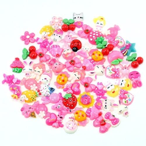 PUEEN 50pc Assorted Bows, Cats, Strawberry, Lady Bug, Ice Cream, Cupcake, Teddy Bear, Floral, Hearts, Bunny, Candy & More Flat Back Resin Cabochons Art & Cell Phone Decorations-BH000739
