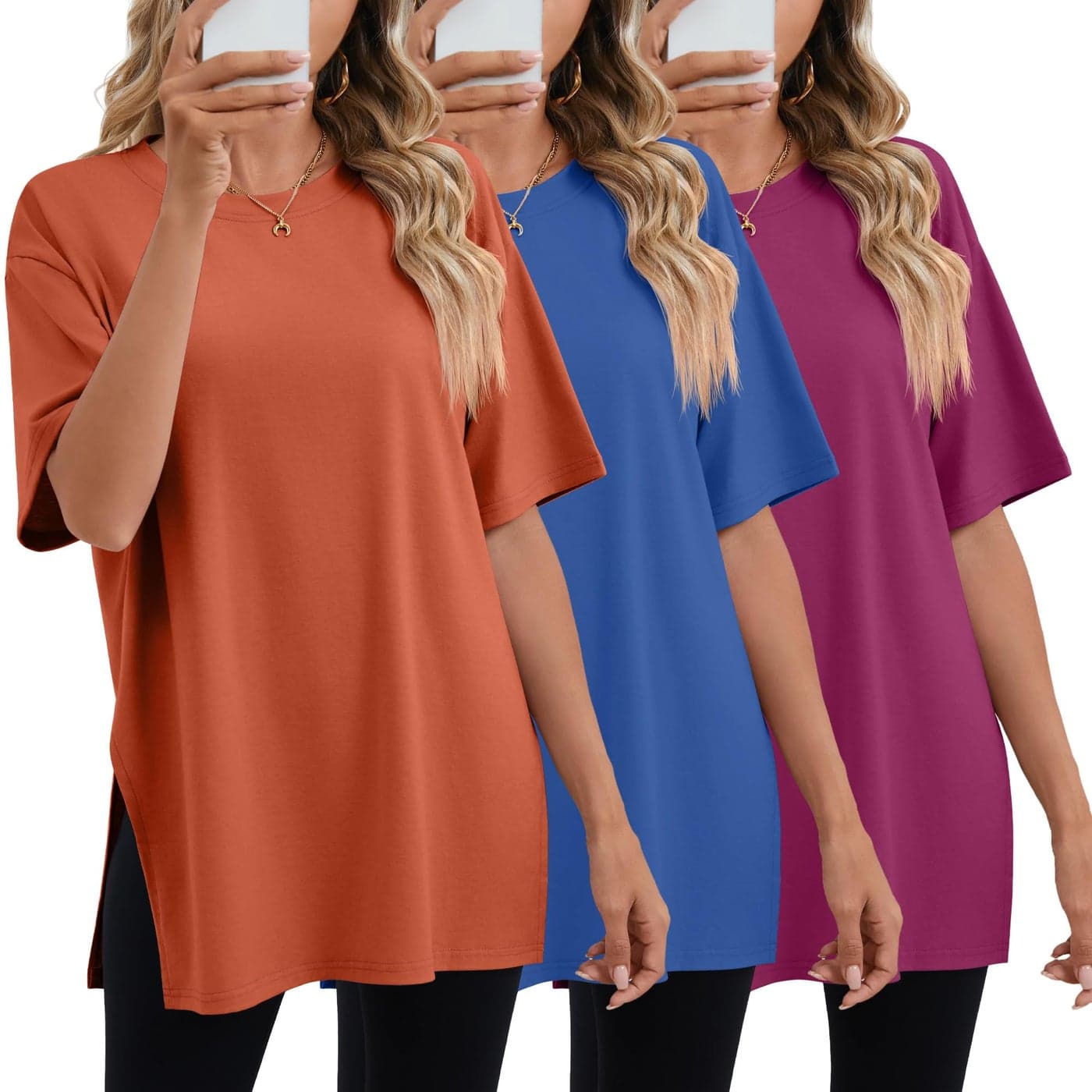 Huukeay 3 Pack Womens Oversized Gym T Shirts Cotton Short Sleeve Side Split Crewneck Tops Casual Workout Baggy Basic TeeOrange Royal Blue Rose RedMedium
