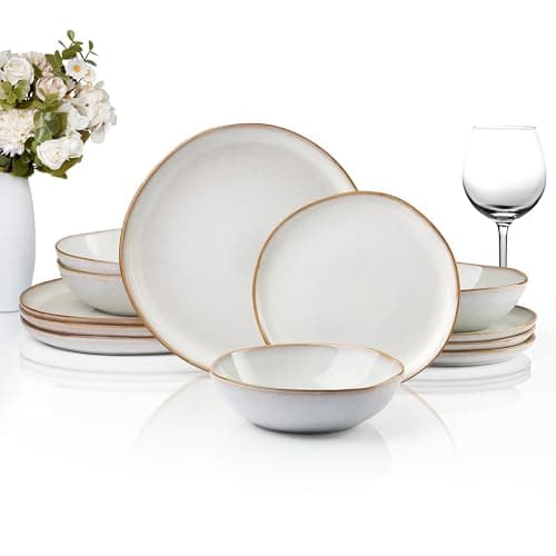 HaWare 12-Piece Dinnerware Sets, Stoneware Plates and Bowls Set for 4, Ceramic Dishware Dinner Set for Home Restaurant, Chip and Crack Resistant, Microwave and Dishwasher Safe, Reactive Pearl White