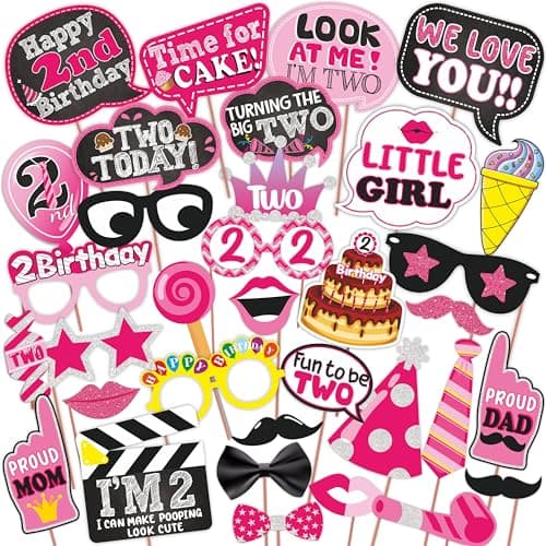 WOBBOX Second Birthday Photo Booth Party Props Pink for Baby Girl, 10 Pink Cartoon Art Paper Props, Perfect for Kids Birthday Party Decoration