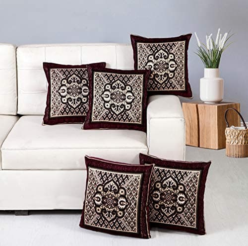 Nendle Jacquard Weaved Decorative Velvet Cushion Cover/Sofa Pillow Cover Set of 5 Pieces (Wine, 16x16 Inches)-500 TC