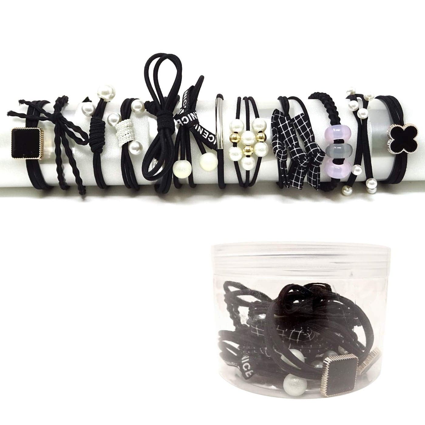 Honbay Fashion Hair Accessories 12PCS Korean Cute Elastic Hair Ties Pearl Hair Bands Bowknot Hair Ropes Ponytail Holders Black