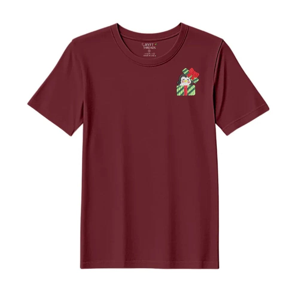 Threads Large Pomegranate Polycotton T-Shirt - Christmas "Penguin Gift Box" Embroidered Design, Premium Holiday Collection