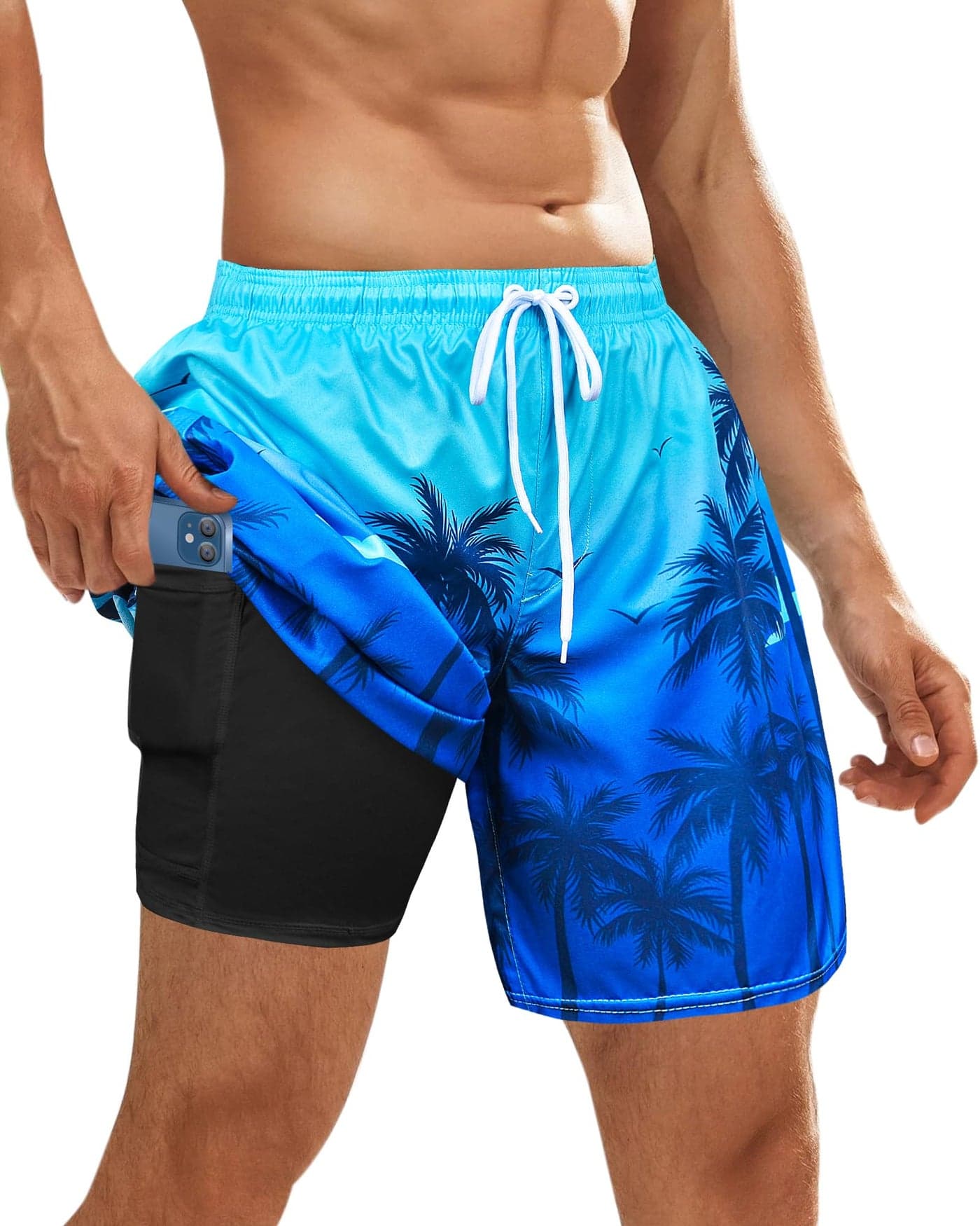 OlyPegic Men's Swim Trunks Board Shorts Mens Bathing Suit Beach Shorts Quick Dry Swimwear Swimsuit with Compression Liner Men 2 in 1 Swim Trunks Men 7 Inch with Zipper Pock (Coconut Tree)
