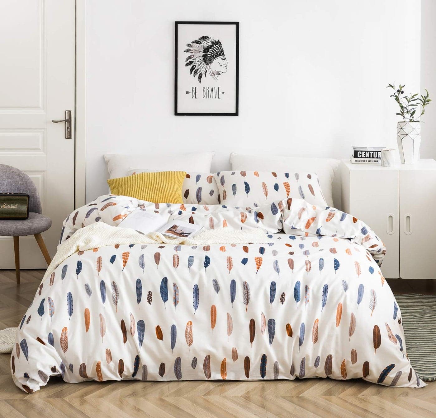 YuHeGuoJi Blue Brown Feather Duvet Cover King 100 Cotton 3 Pcs Set 1 Boho Bird Plume Pattern Duvet Cover with Zipper Ties 2 Pillowcases White Orange Feather Bedding Set Soft