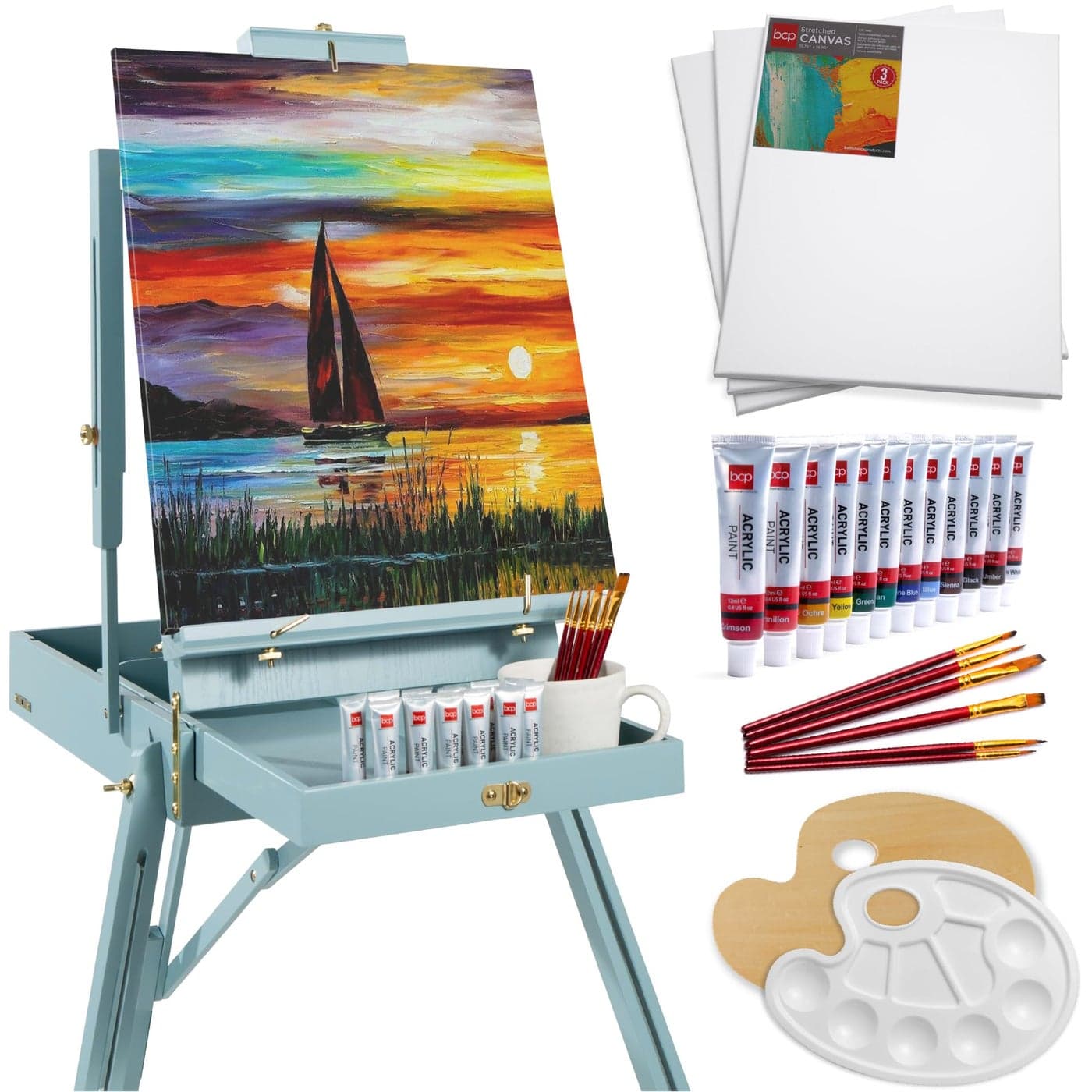Best Choice Products French Easel 32pc Beginners Kit Portable Wooden Folding Adjustable Sketch Box Artist Tripod for Painting Drawing wAcrylic Paints Brushes Canvases Palettes Blue