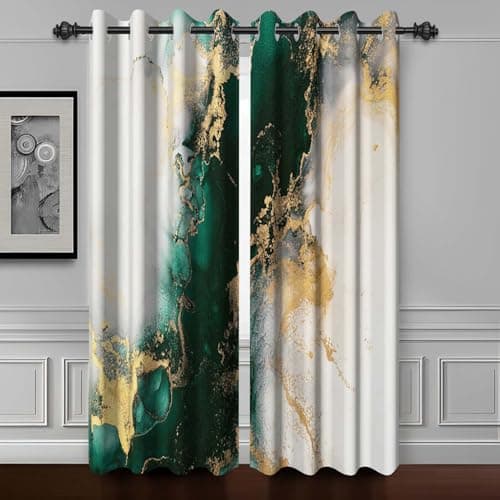 Baocicco Green Gold Marble Window Curtains for Bedroom Art Fluid Golden Texture Marble Window Drapes for Living Room Modern Luxury Gold Crack Design Grommets Blackout Curtain 2 Panels 42x63 Inch