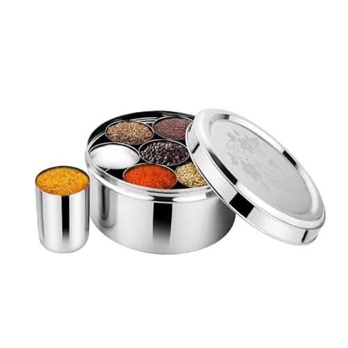 Prabha Stainless Steel Jumbo Spice Box Plain, Large Spice Container Glasses, Unbreakable, Decorated Stainless Steel Lid, Hard & Long Durable Life, Best for Home & Kitchen, 1 Year Warranty