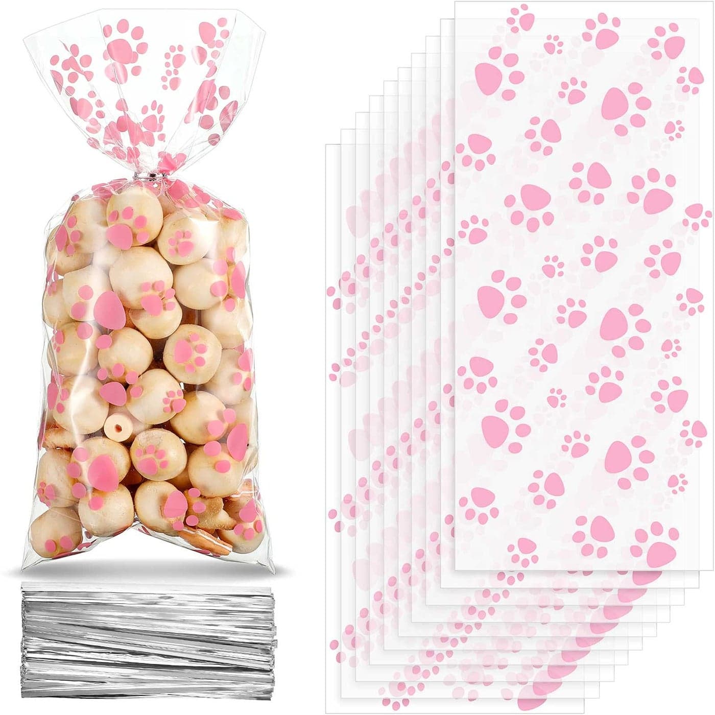 Blulu 100 Pieces Dog Treat Bags Puppy Party Favor Pet Paw Cone Cellophane Bags Candy Heat SealableDog Paw Gift with 100 Pieces Silver Twist Ties for Pet Cat Treat Party FavorPink